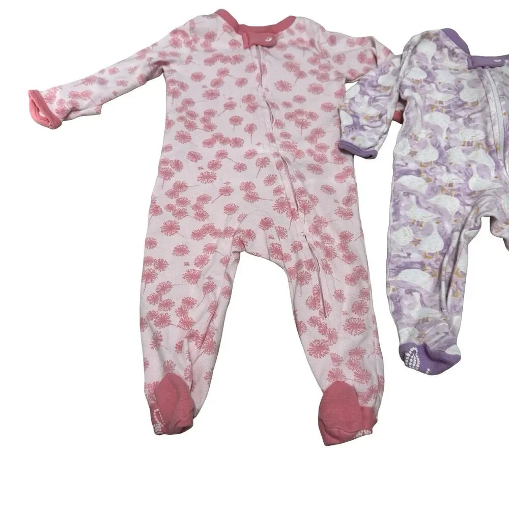 2 Burt's Bees Baby cotton Footed Coverall sleeper-0-3 months Purple Goose Pink